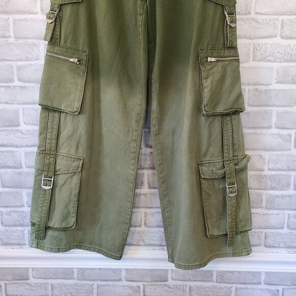 Forever 21 Cypress Cargo Denim Pants Wide Leg Ombre Green Pockets 25 Streetwear - Picture 6 of 10